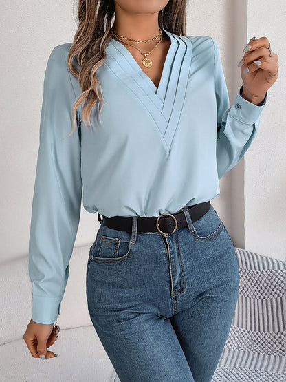 V-Neck Long Sleeve Blouse Light Blue