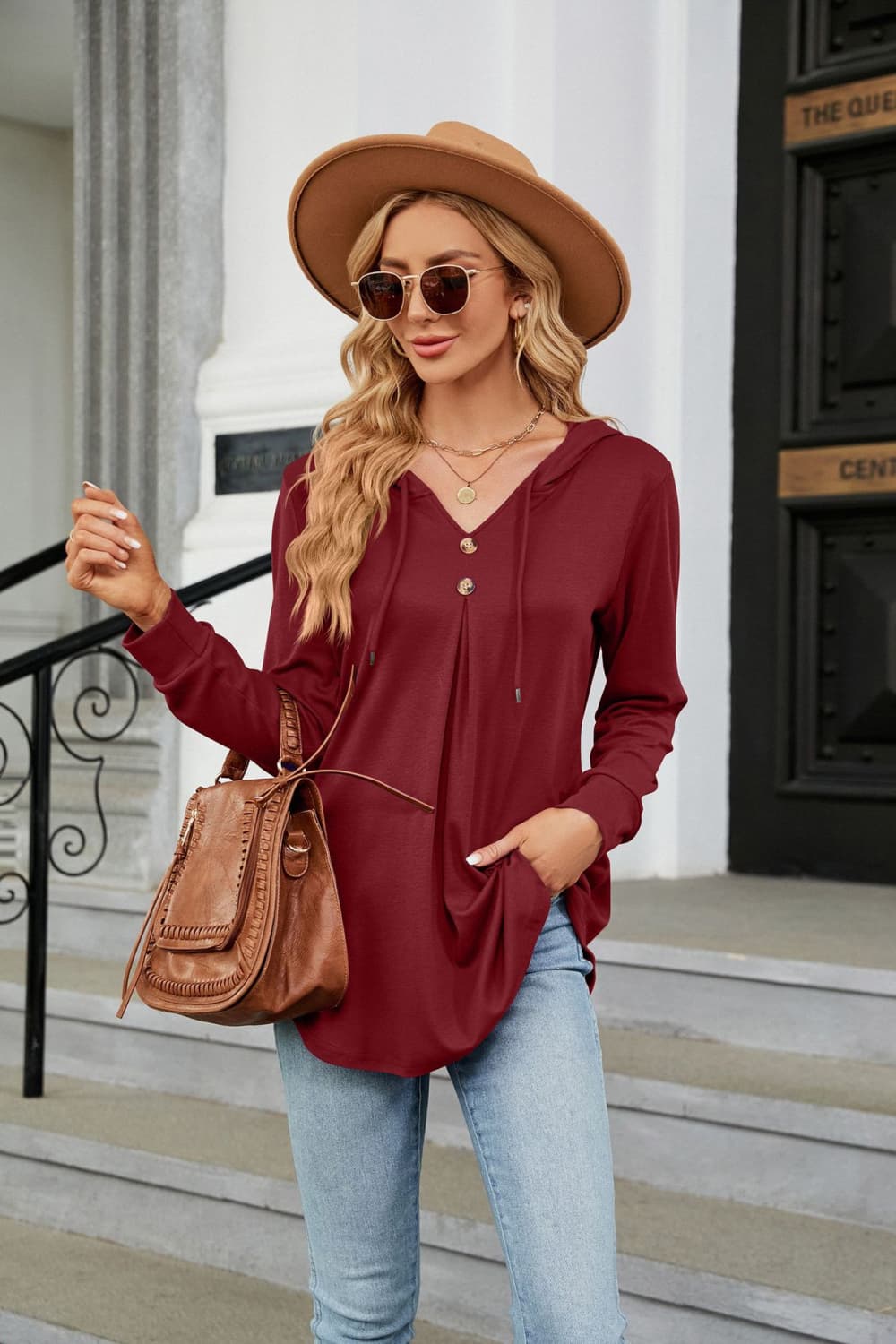 Long Sleeve Hooded Blouse Burgundy