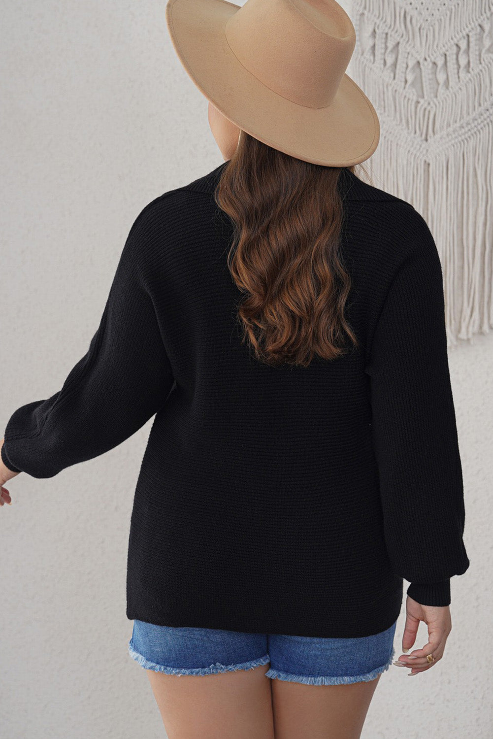 Black Ribbed Knit Lapel Neck Curvy Sweater