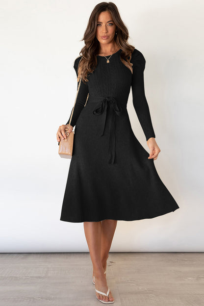 Round Neck Long Sleeve Tie Waist Sweater Dress Black