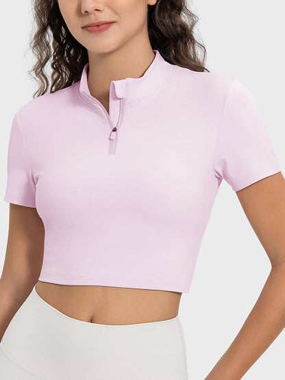 Quarter Zip Short Sleeve Active T-Shirt Blush Pink