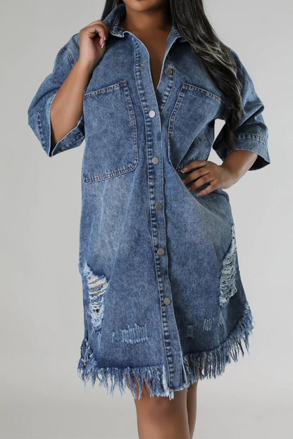 Distressed Raw Hem Button Up Denim Dress Medium