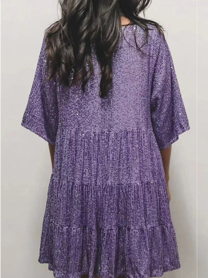 Full Size Sequin Round Neck Half Sleeve Mini Dress Purple