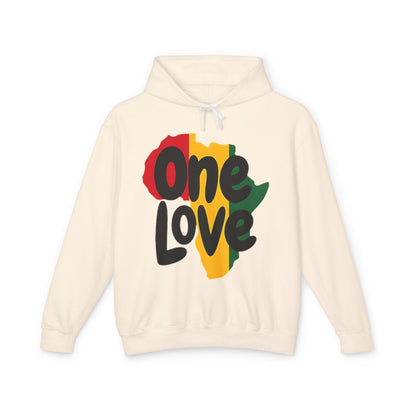 One Love Rasta Lightweight Hooded Sweatshirt - Red Yellow Green Black Color Scheme, Reggae Culture, Positive Vibes, Unity and Peace, Ivory