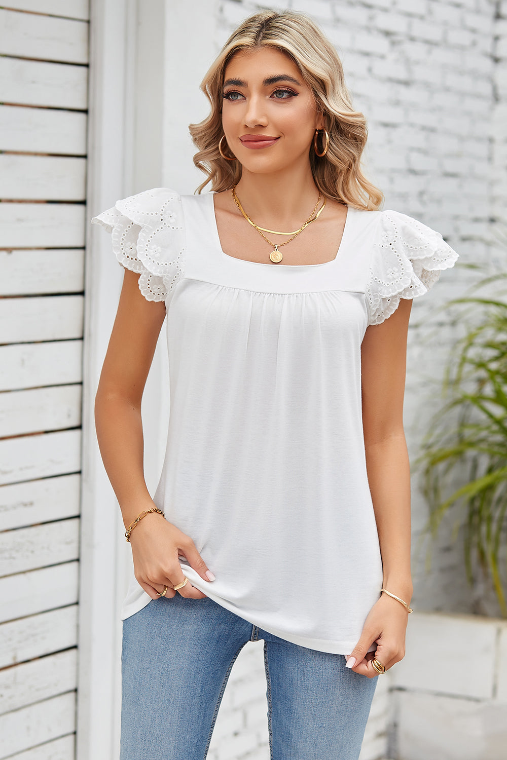 Eyelet Square Neck Cap Sleeve Blouse White