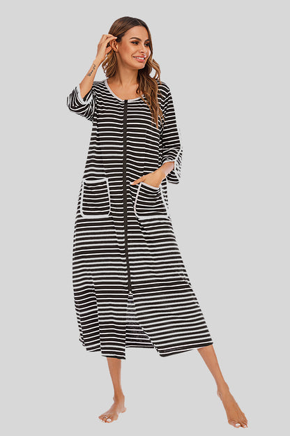 Round Neck Three-Quarter Sleeve Midi Night Dress Black