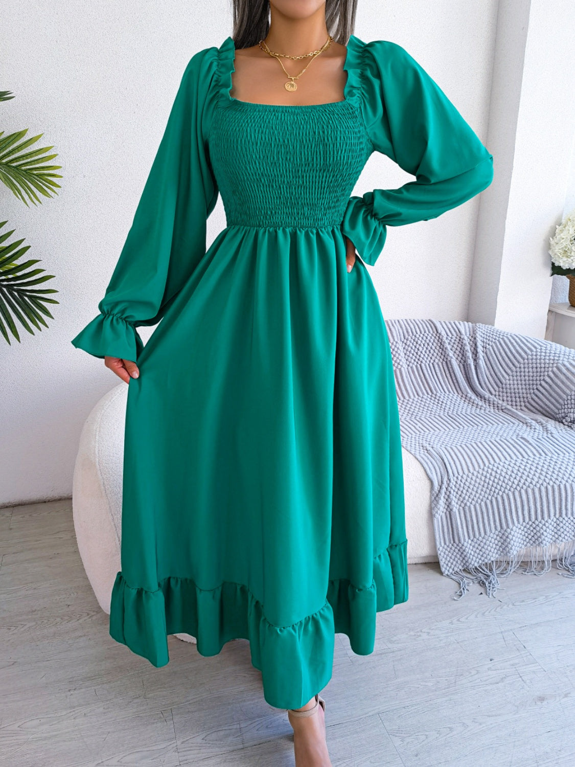 Smocked Square Neck Flounce Sleeve Dress Turquoise