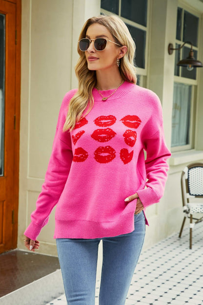 Woven Right Lip Graphic Slit Dropped Shoulder Sweater