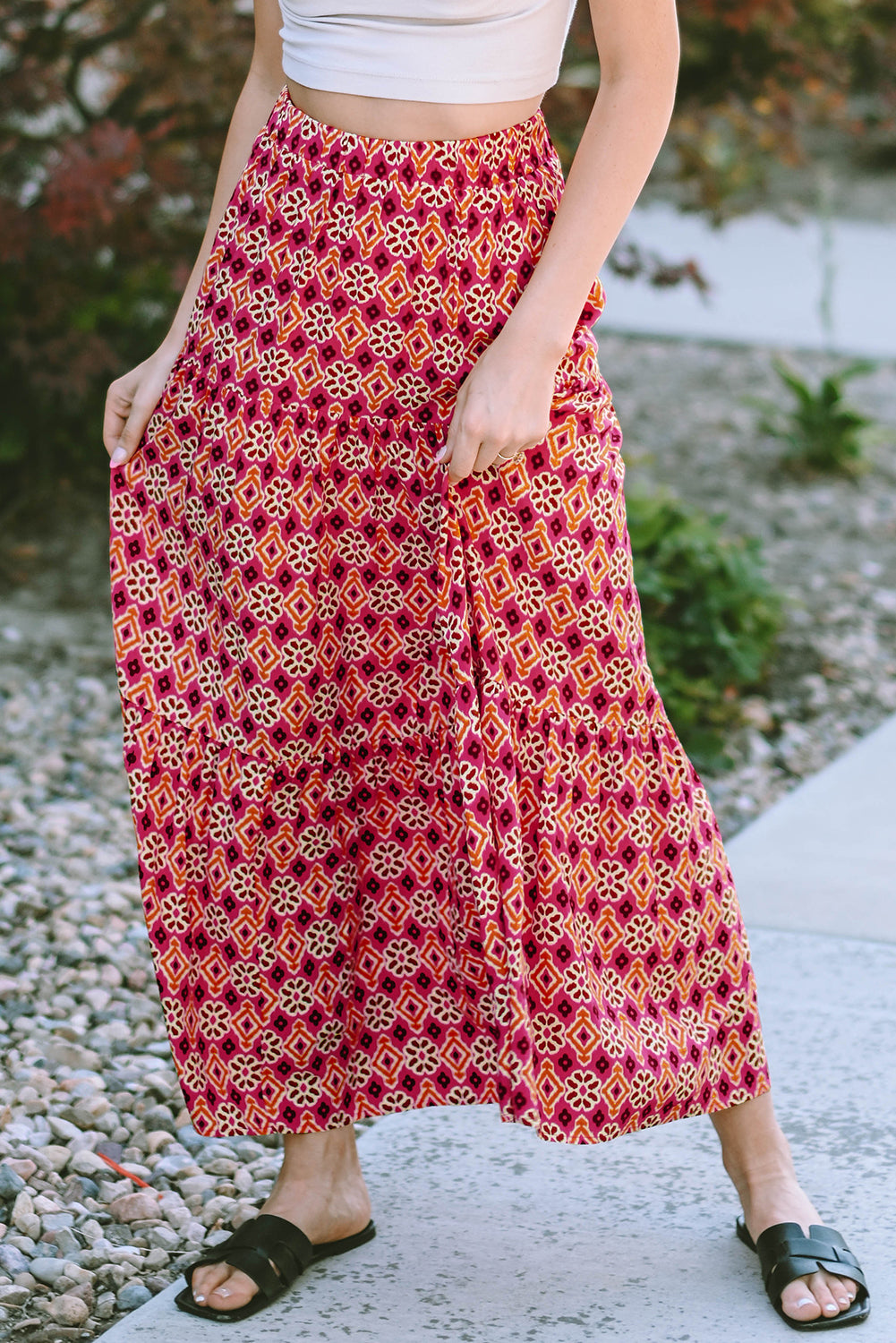 Rose Vintage Boho Floral Print Tiered Maxi Skirt Rose 100%Viscose