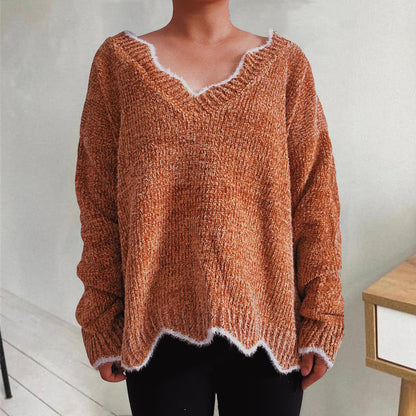 V-Neck Drop Shoulder Long Sleeve Sweater Caramel