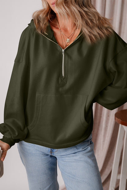 Pocketed Half Zip Dropped Shoulder Hoodie Army Green