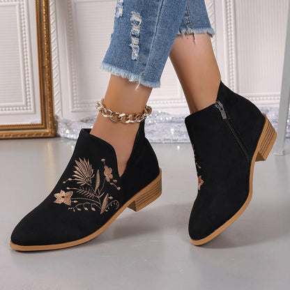 Embroidered Suede Point Toe Block Heel Boots Black