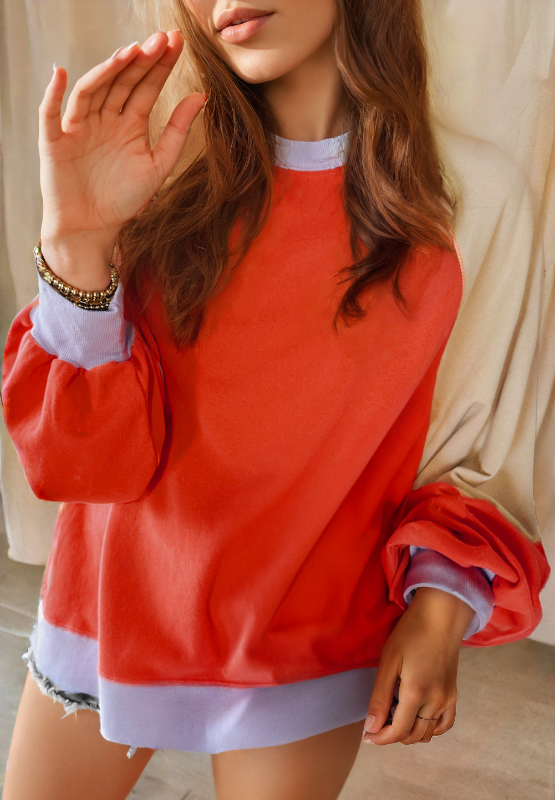 Color Block Round Neck Long Sleeve Sweatshirt Orange