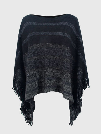 Striped Boat Neck Poncho with Fringes Black One Size