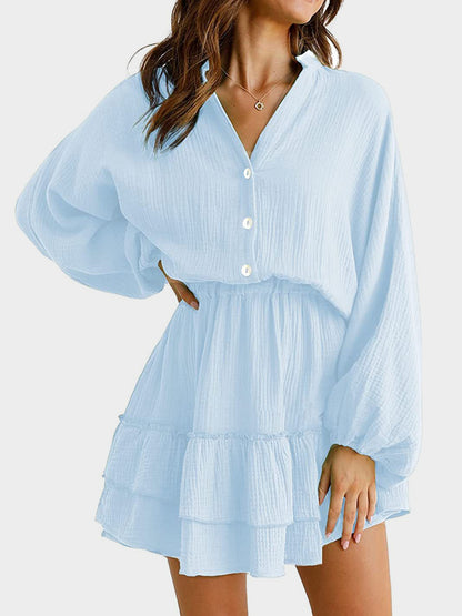 Ruffled Notched Balloon Sleeve Mini Dress Light Blue