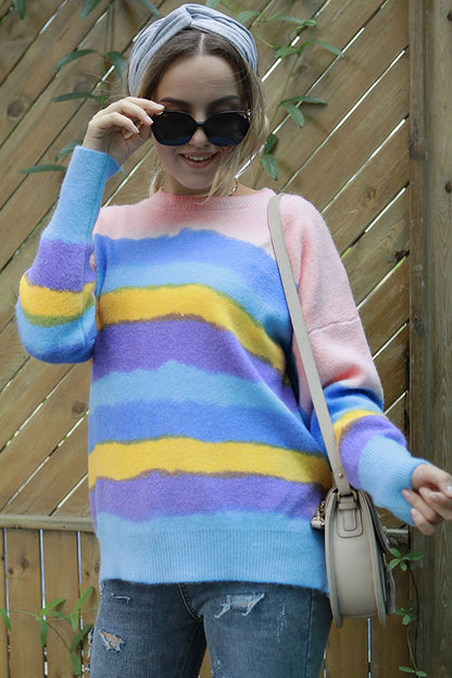 Multicolor Round Neck Dropped Shoulder Sweater Multicolor