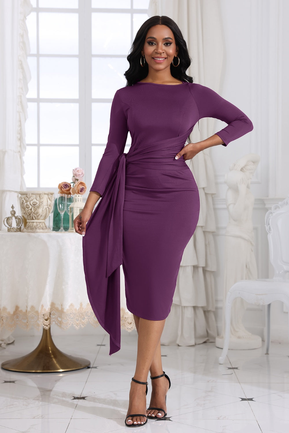 Tie Detail Round Neck Midi Dress Mauve