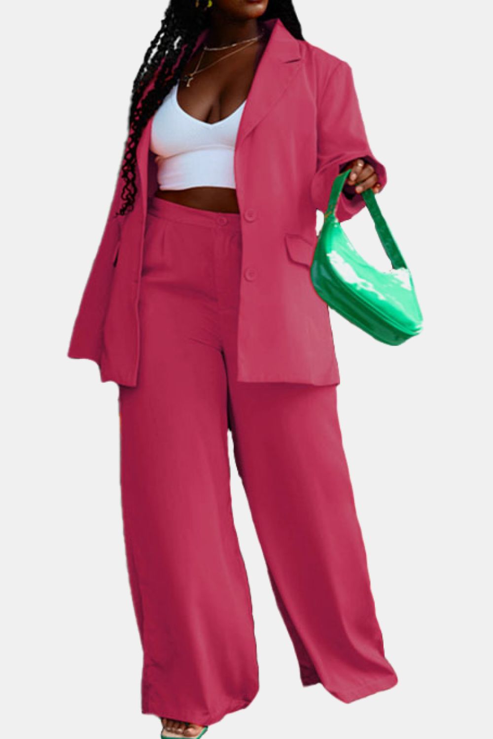 Lapel Collar Buttoned Blazer and Long Pants Set Hot Pink