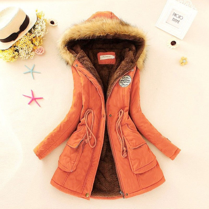 Long Women's Cotton-Padded Jacket With Wool Collar Orange