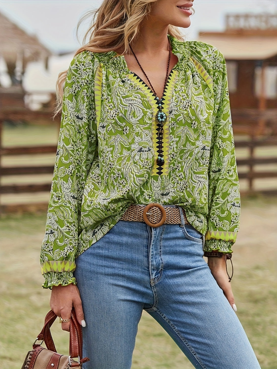 Full Size Printed Notched Long Sleeve Blouse - Thandynie