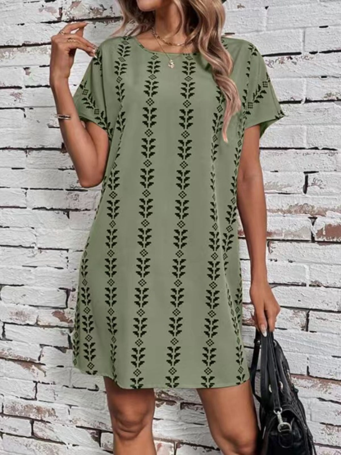 Printed Round Neck Short Sleeve Dress Moss