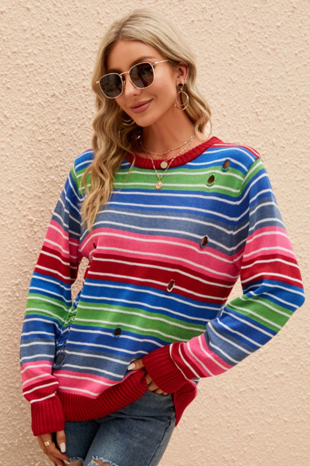 Striped Distressed Cutout Round Neck Sweater Stripe