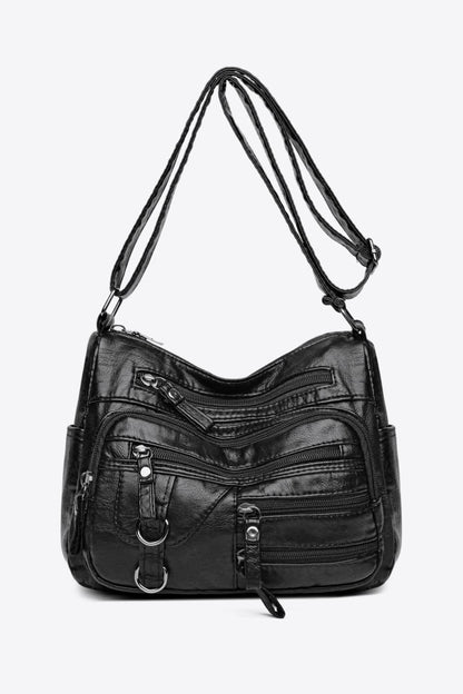 Multi-Pocket PU Leather Crossbody Bag Black One Size