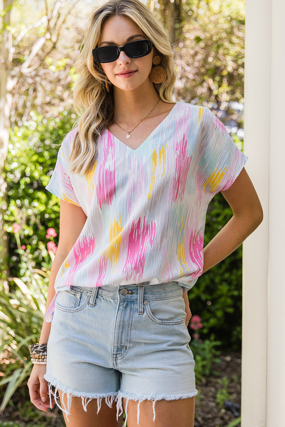 High-Low V-Neck Short Sleeve Blouse Multicolor