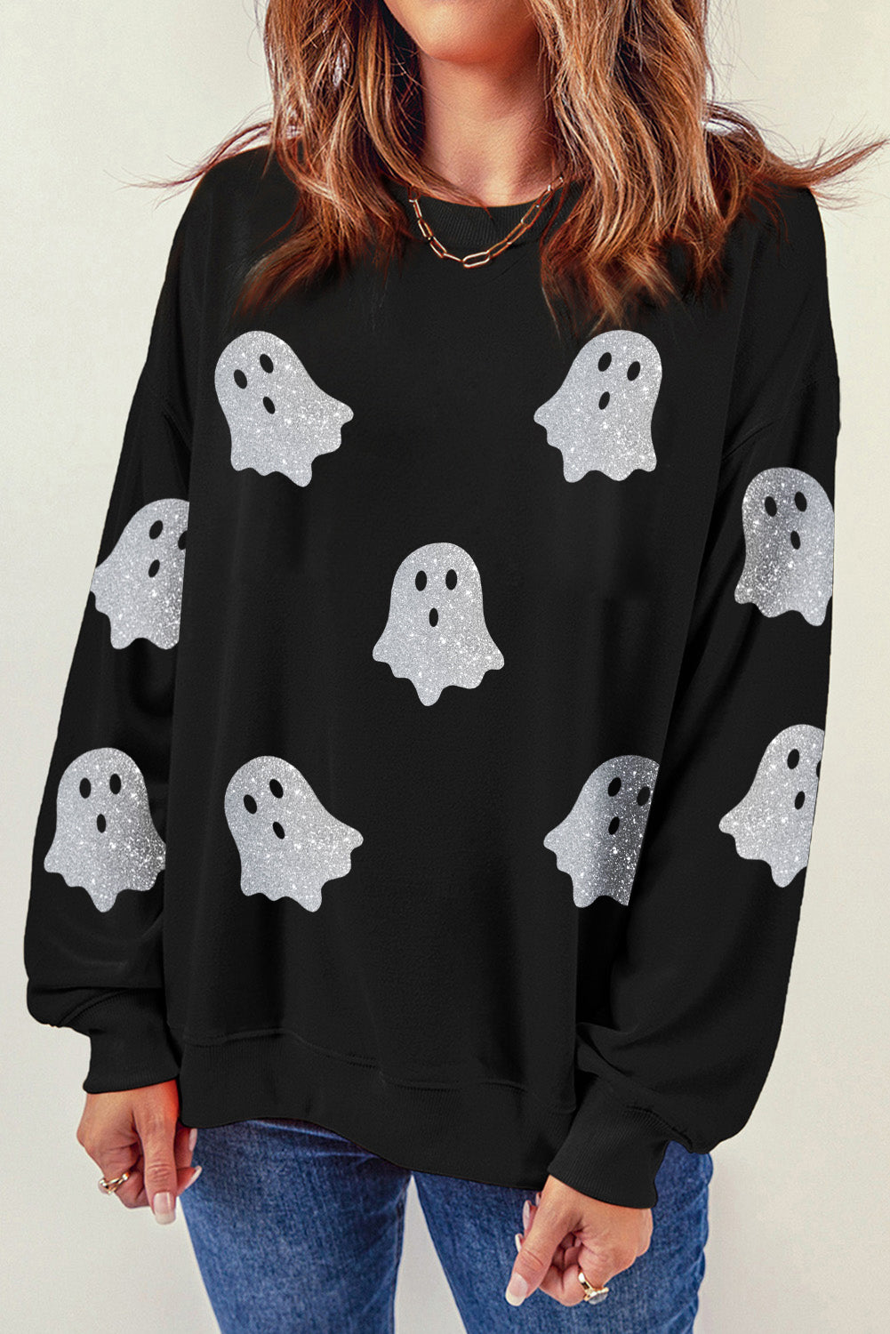 Black Glitter Ghost Pattern Crew Neck Halloween Sweatshirt