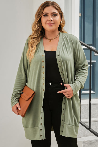 Green Plus Size Snap Buttons Front Knit Cardigan Green 75%Polyester+20%Viscose+5%Elastane