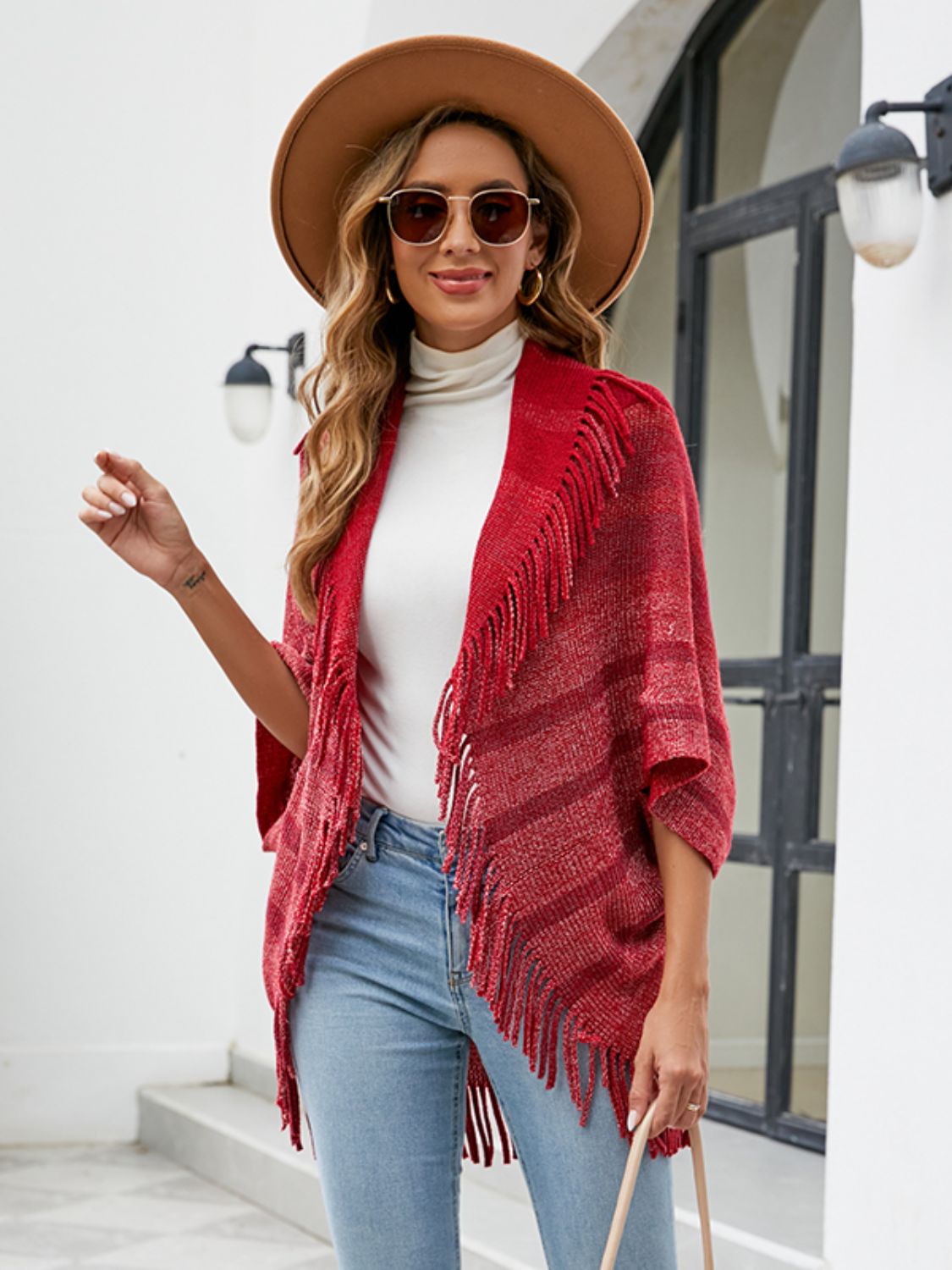 Fringe Detail Open Front Poncho Wine One Size