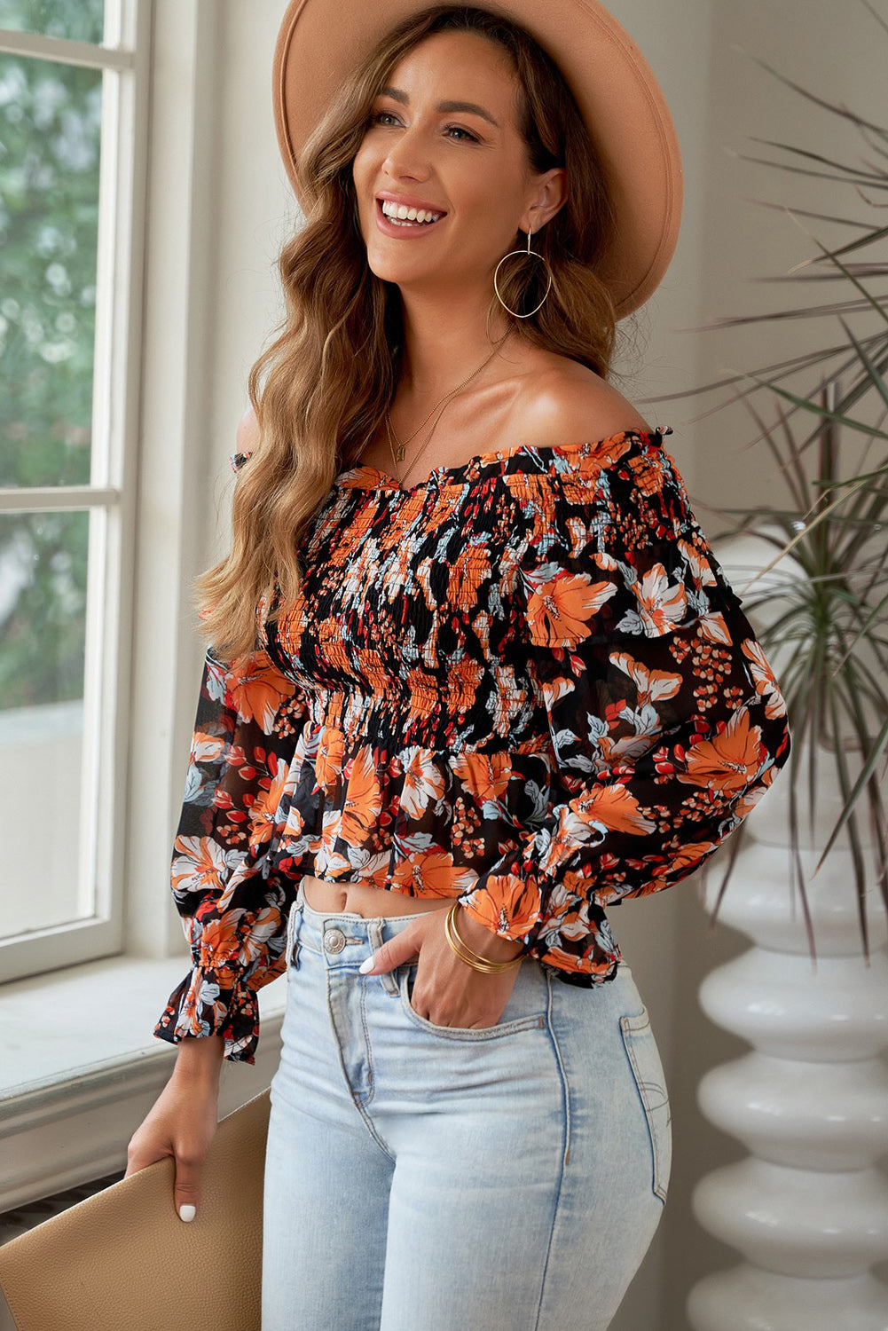 Floral Smocked Off-Shoulder Peplum Top - Thandynie