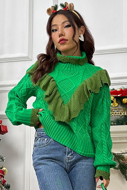 Cable-Knit Ruffled Mock Neck Lantern Sleeve Sweater Mid Green