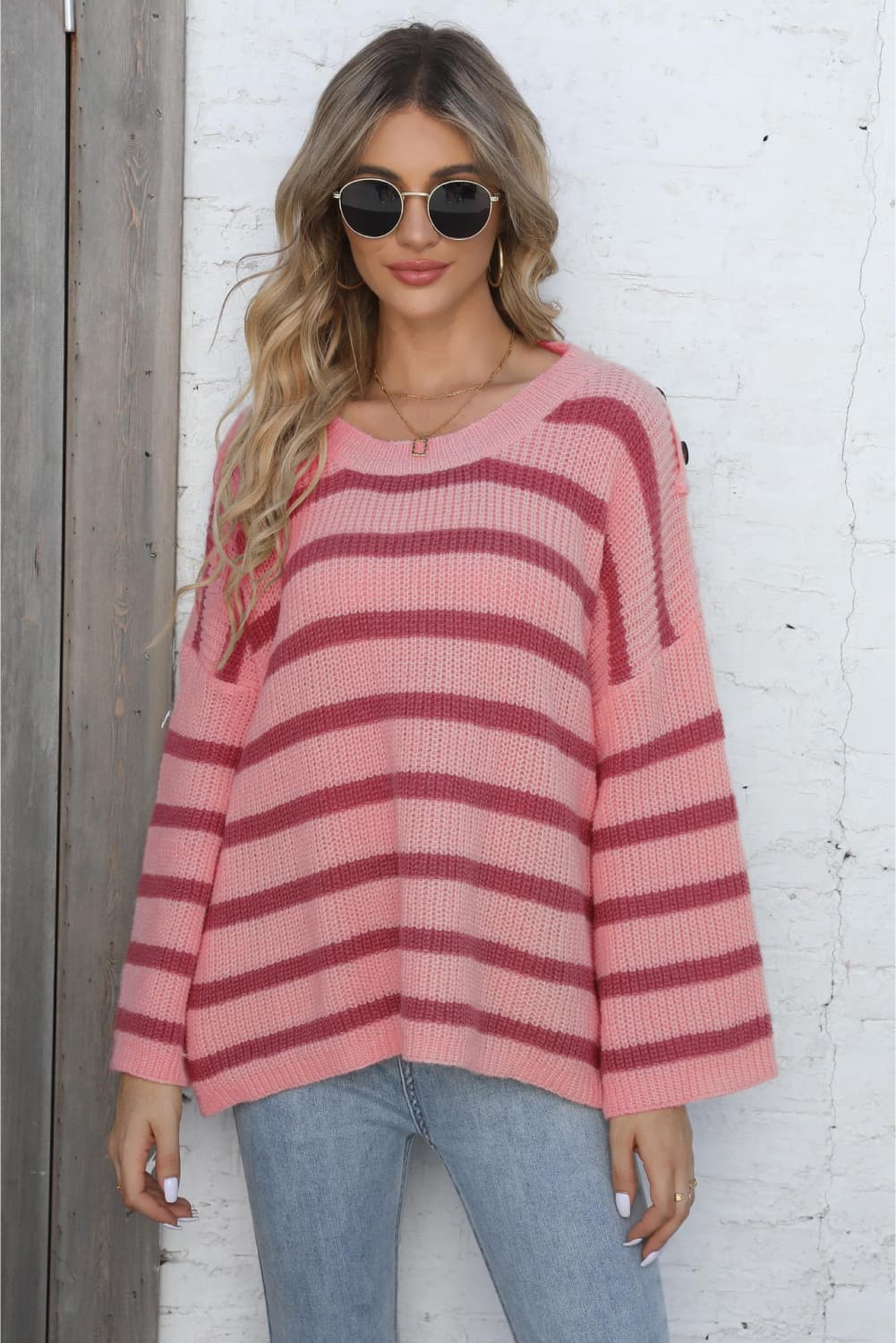 Round Neck Dropped Shoulder Striped Sweater Pink One Size