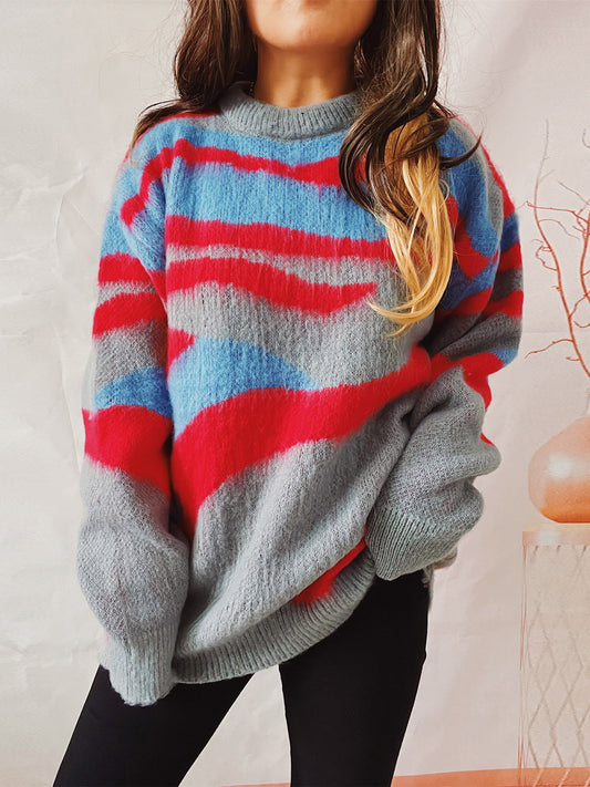 Color Block Round Neck Sweater Deep Rose