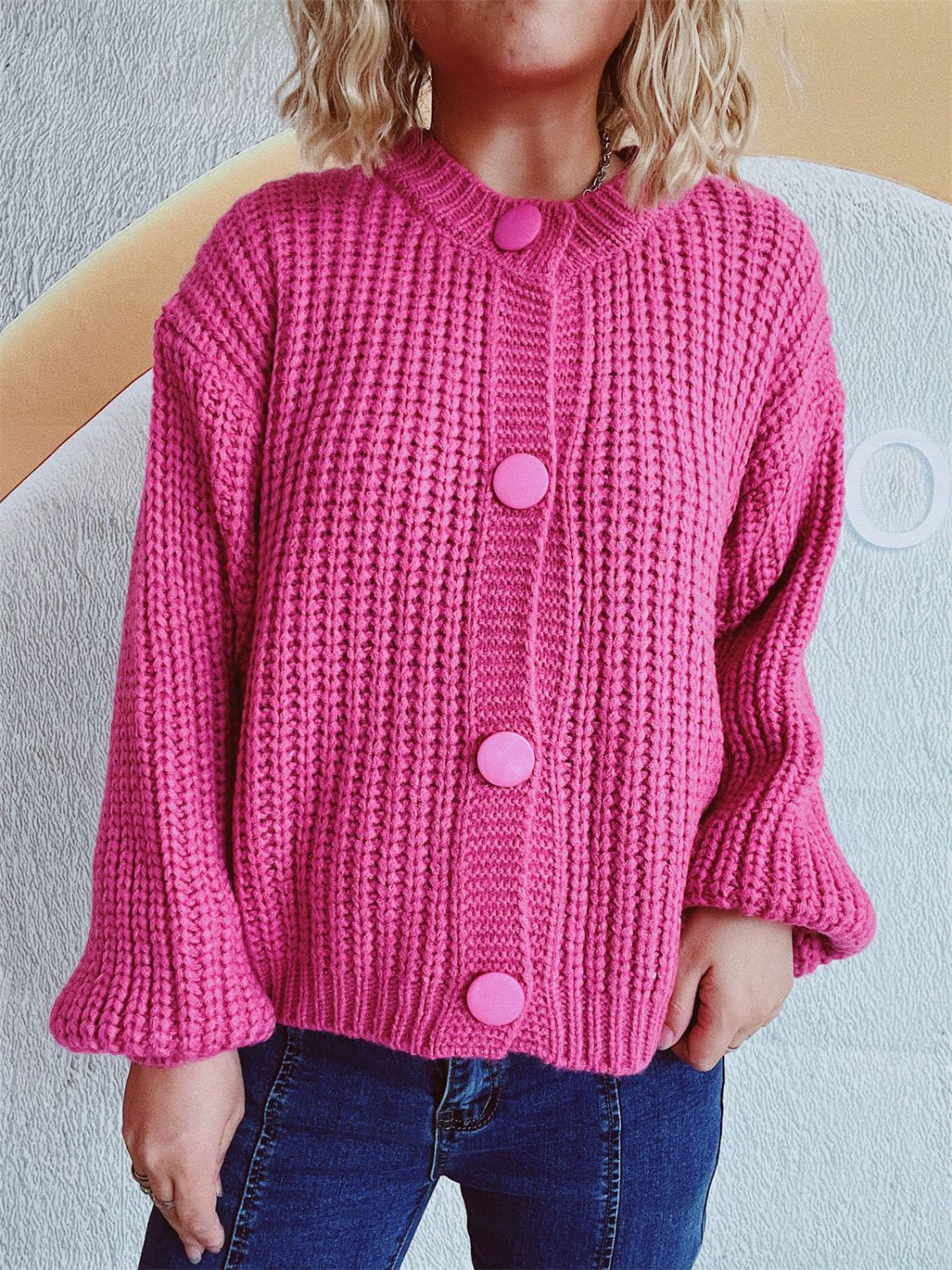 Button Up Long Sleeve Cardigan Hot Pink One Size