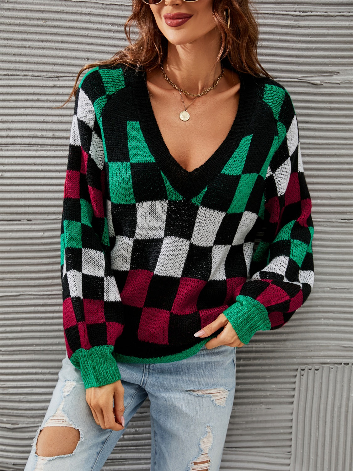 Checkered V-Neck Lantern Sleeve Sweater Black