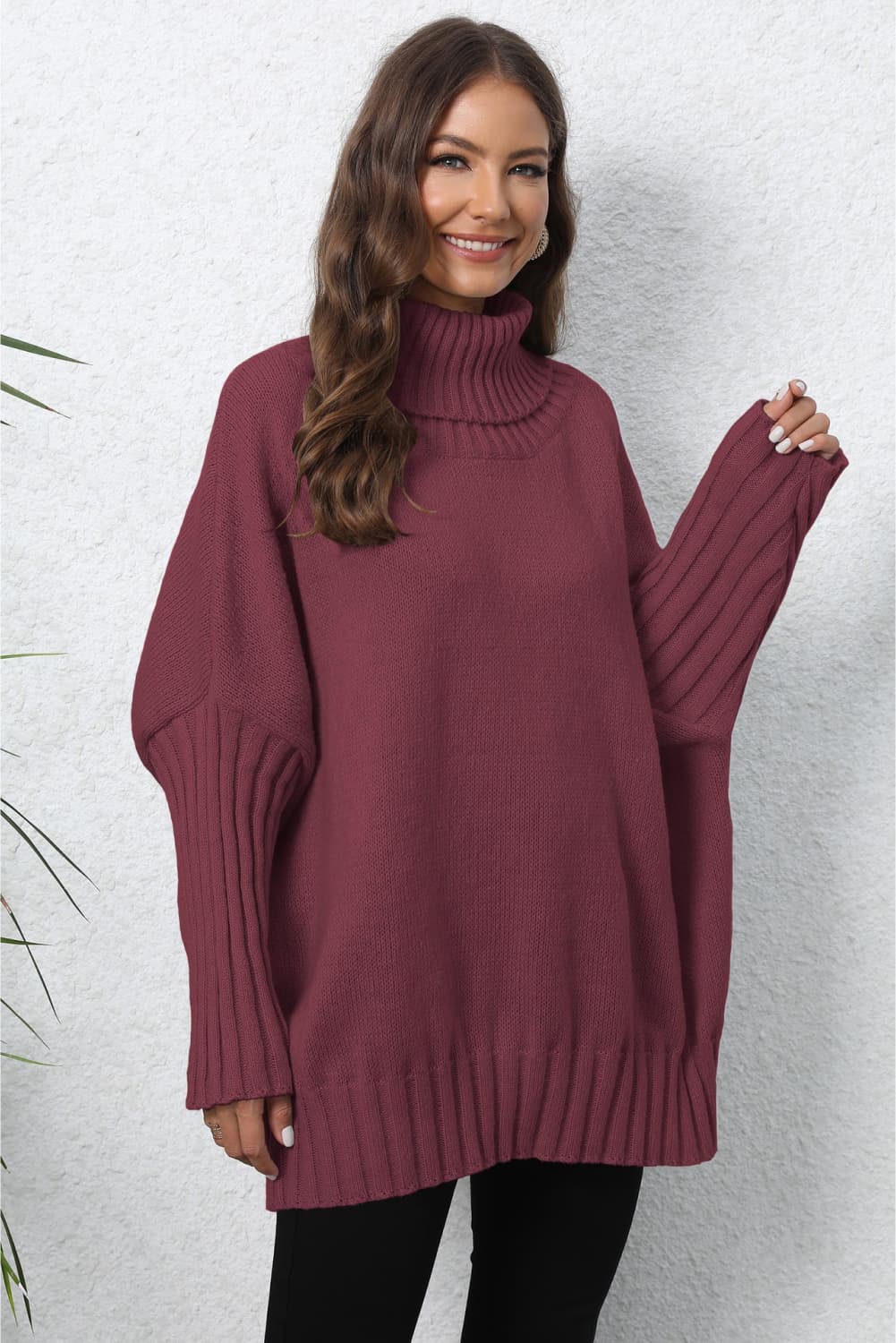 Turtle Neck Long Sleeve Ribbed Sweater Burgundy One Size