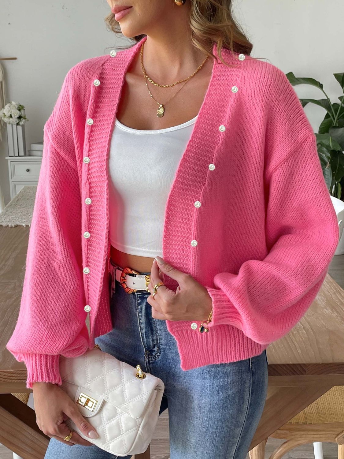 Pearl Open Front Long Sleeve Cardigan Fuchsia Pink