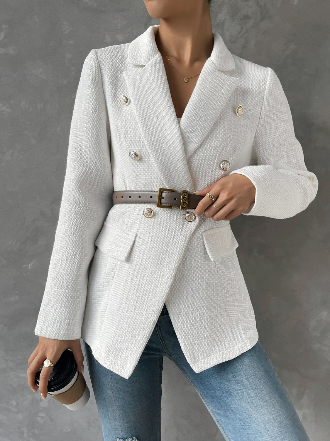 Lapel Collar Long Sleeve Blazer with Pockets White