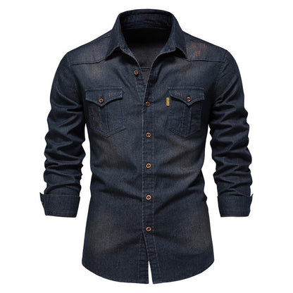 Men's Iron-Free Slim Fit Denim Shirt | US Size Casual Long Sleeve Solid Color Shirt Navy Blue