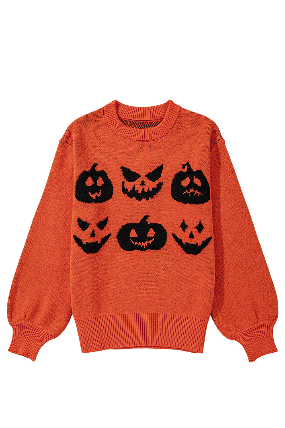 Orange Halloween Pumpkin Face Pattern Drop Shoulder Sweater