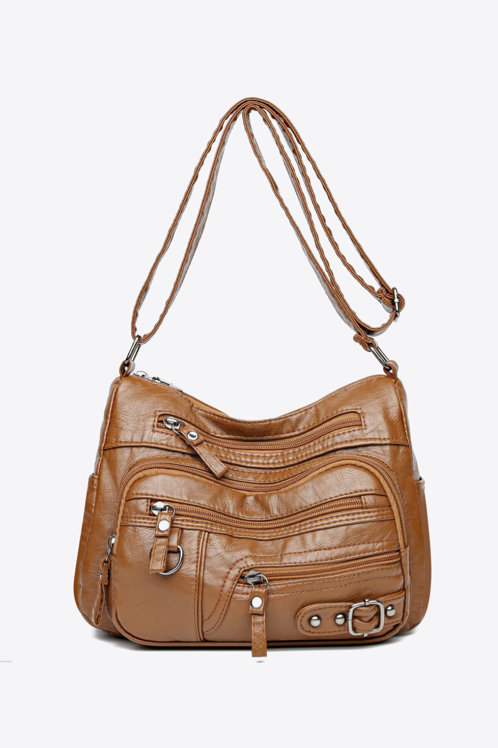 Multi-Pocket PU Leather Crossbody Bag Caramel One Size