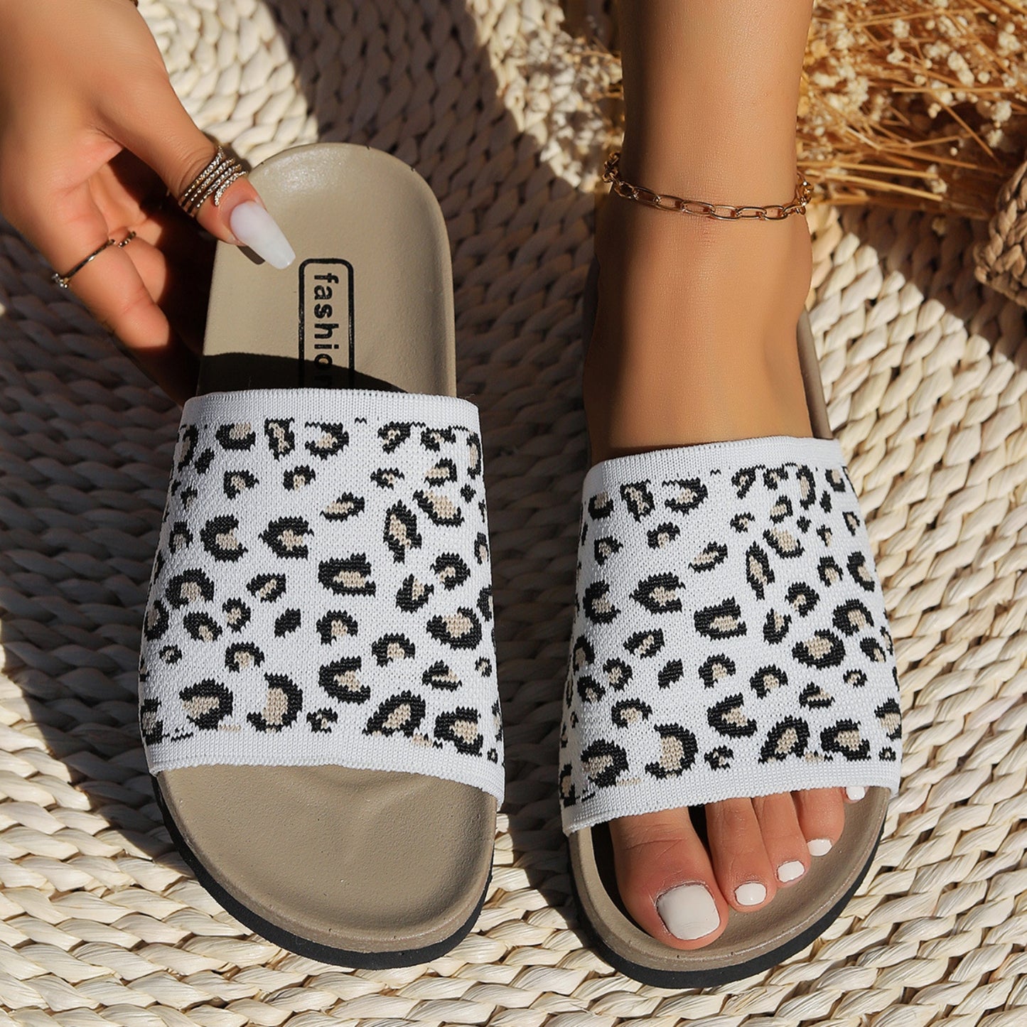 Leopard Open Toe Sandals White