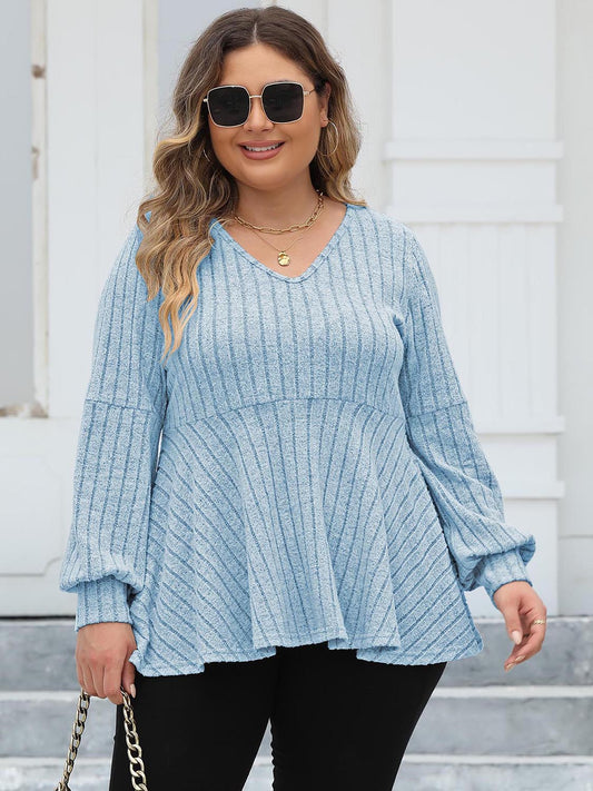 Plus Size Ribbed V-Neck Long Sleeve Blouse Pastel Blue