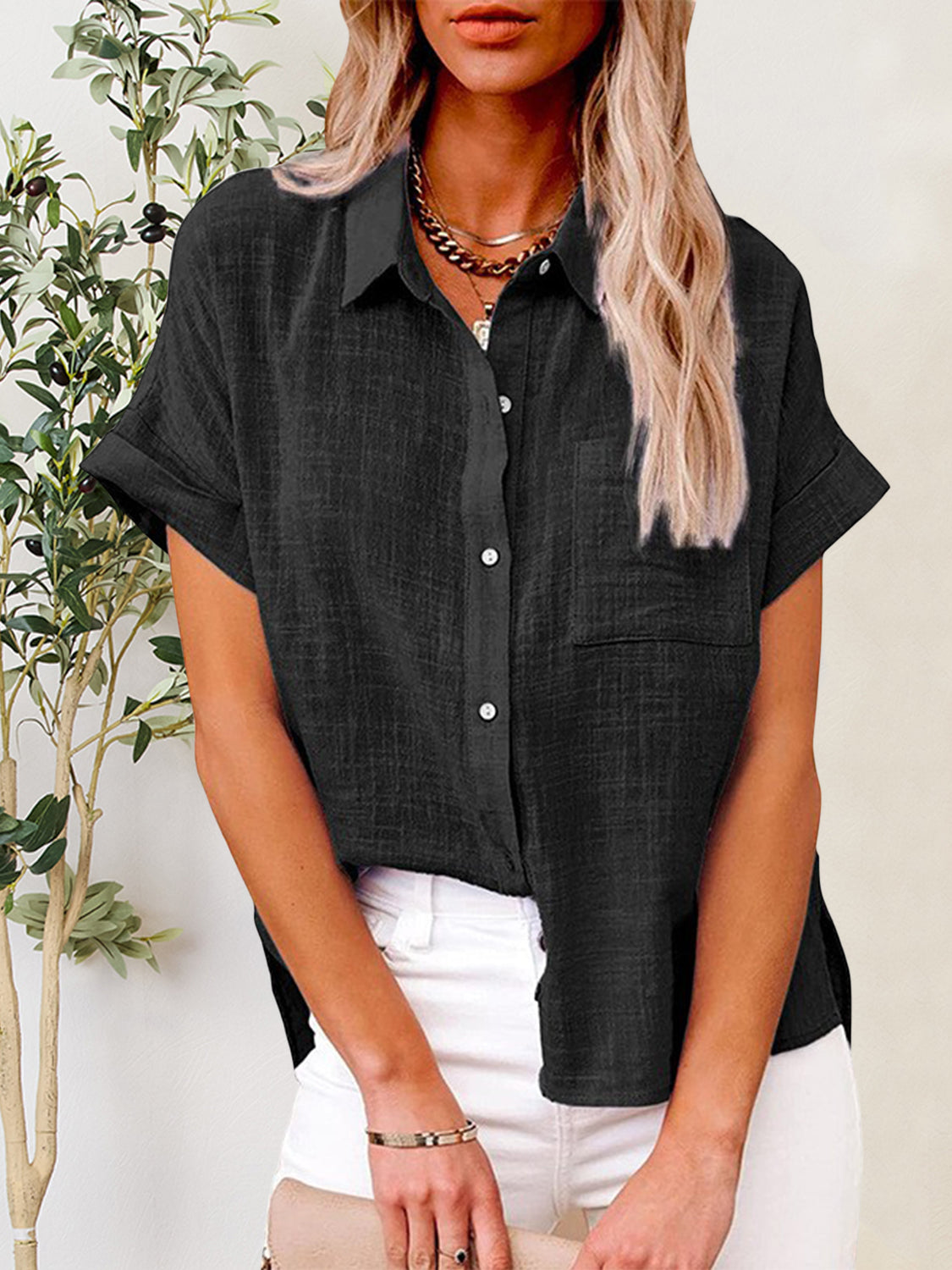 Button Up Short Sleeve Shirt Black