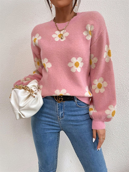 Flower Round Neck Latern Sleeve Sweater Dusty Pink