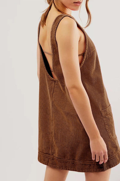 Round Neck Wide Strap Corduroy Mini Dress Brown