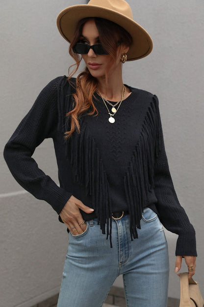 Fringe Detail Ribbed Trim Sweater