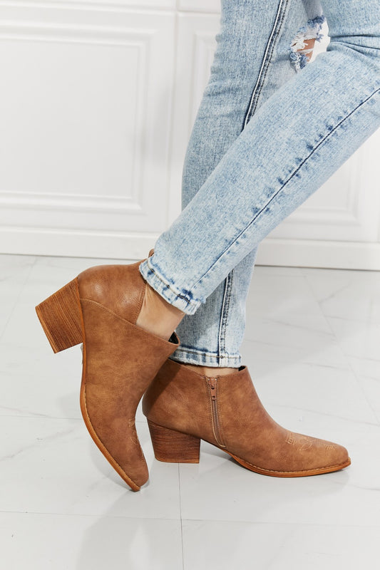 MMShoes Trust Yourself Embroidered Crossover Cowboy Bootie in Caramel - Thandynie